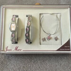 Jean Marc Pink & Silver Tone Watch/Bracelet/Necklace and Post Earrings Set NIB